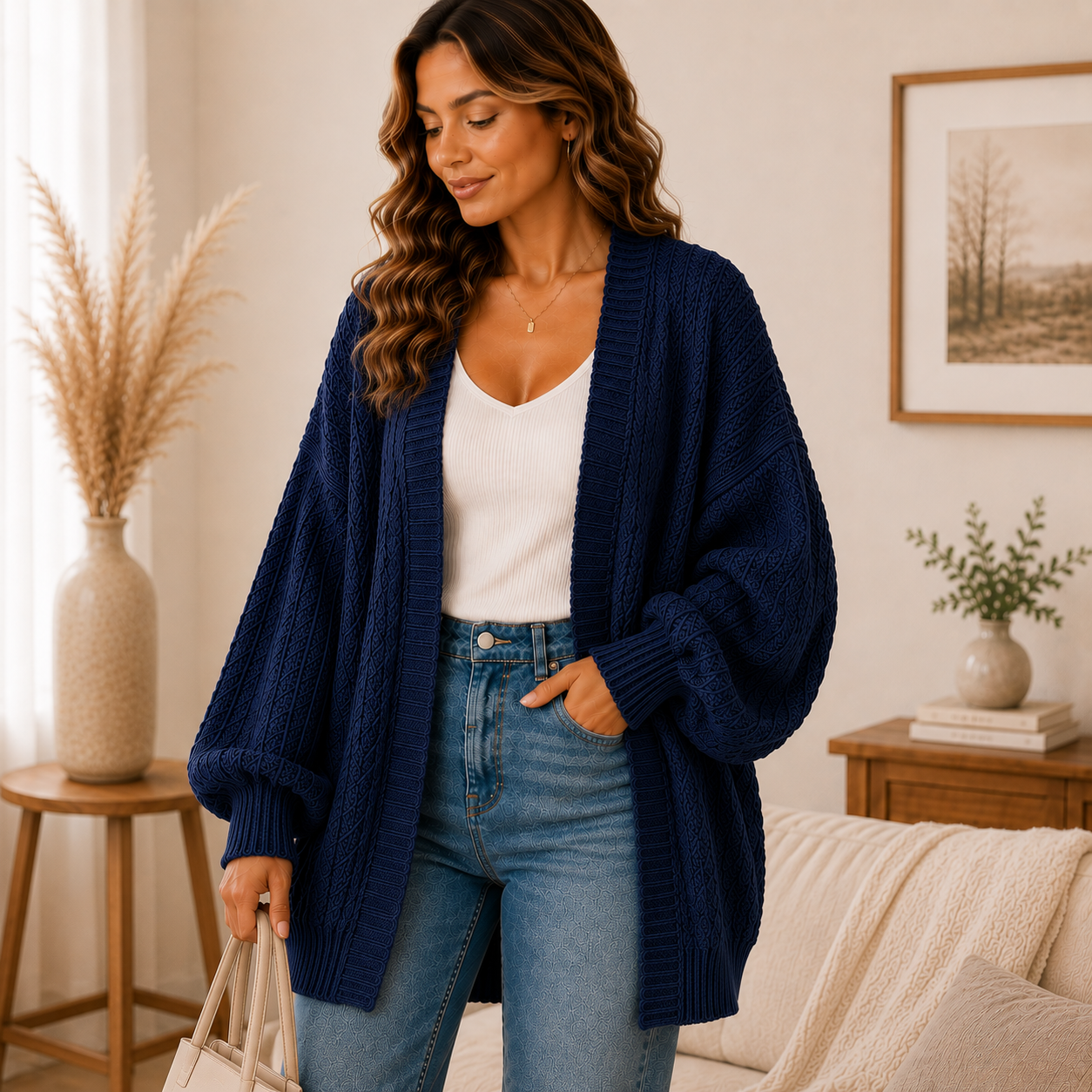 Women's Oversized Open Front Cardigan Sweater – Soft Cozy Knit with Lantern Sleeves