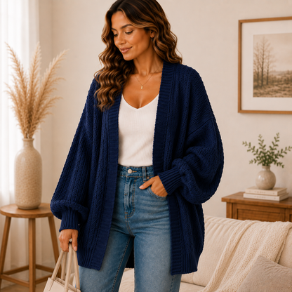 Women's Oversized Open Front Cardigan Sweater – Soft Cozy Knit with Lantern Sleeves