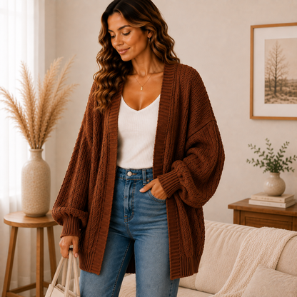 Women's Oversized Open Front Cardigan Sweater – Soft Cozy Knit with Lantern Sleeves