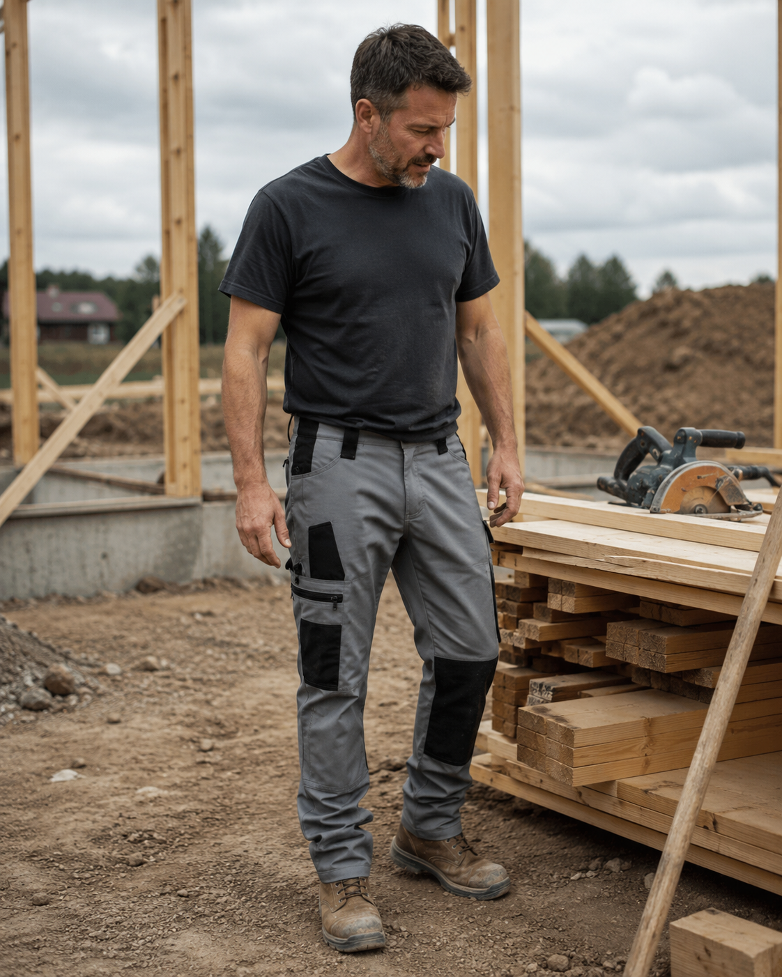 Man wearing gray NENIVAR tactical work pants at a construction site