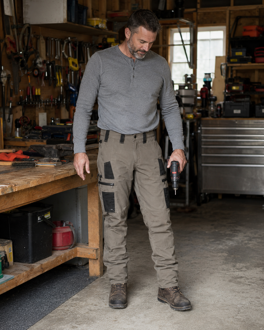 Man wearing khaki NENIVAR tactical work pants in a workshop