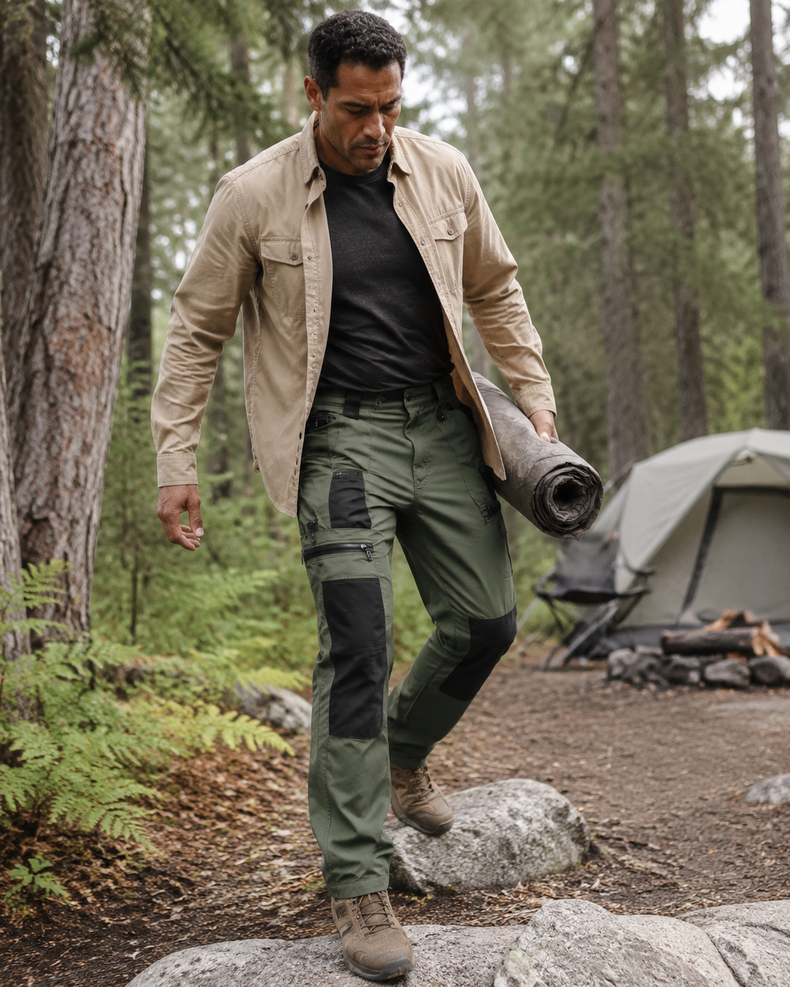 Man wearing olive NENIVAR tactical work pants at an outdoor campsite