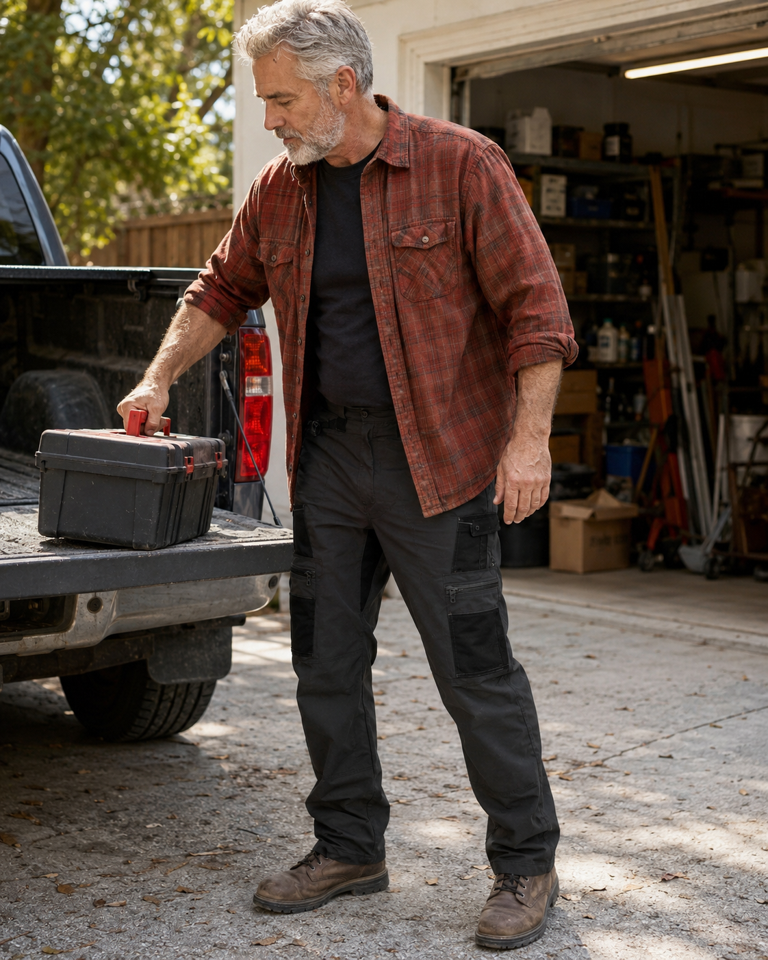 Man wearing black NENIVAR tactical work pants beside a workshop and pickup truck
